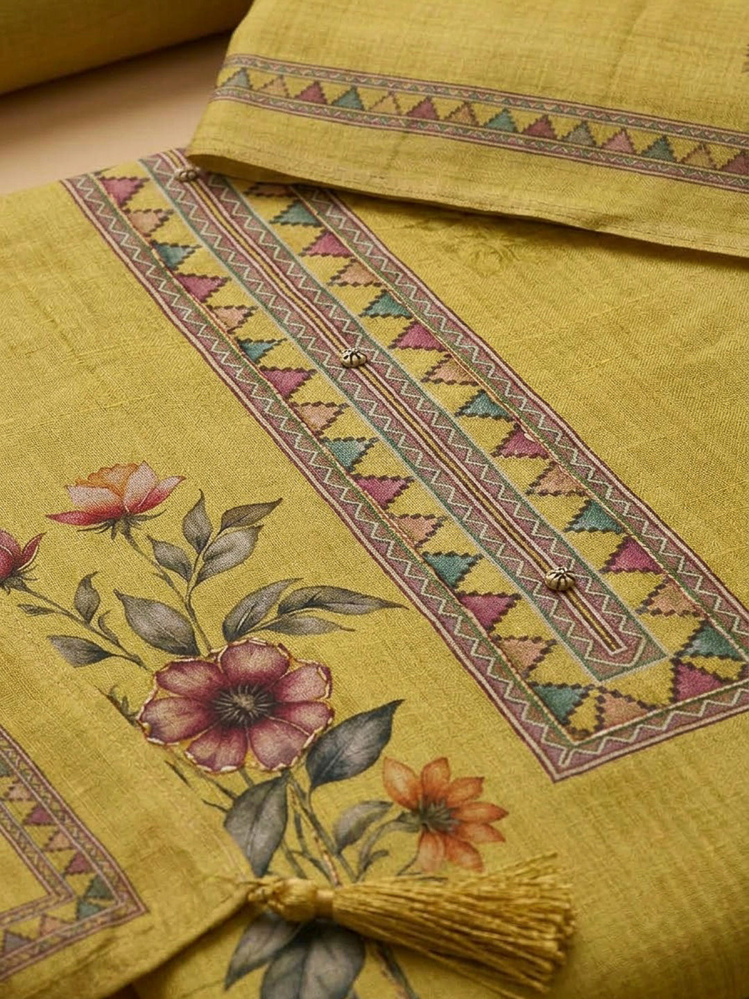 Mustard Chanderi Printed Unstitched Dress Material