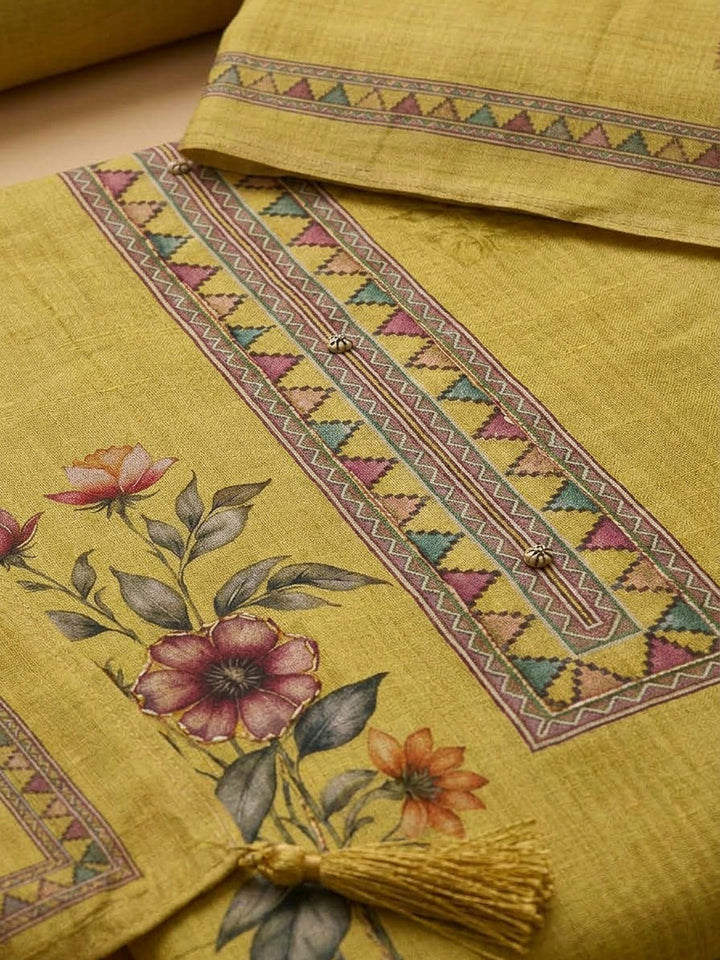 Mustard Chanderi Printed Unstitched Dress Material