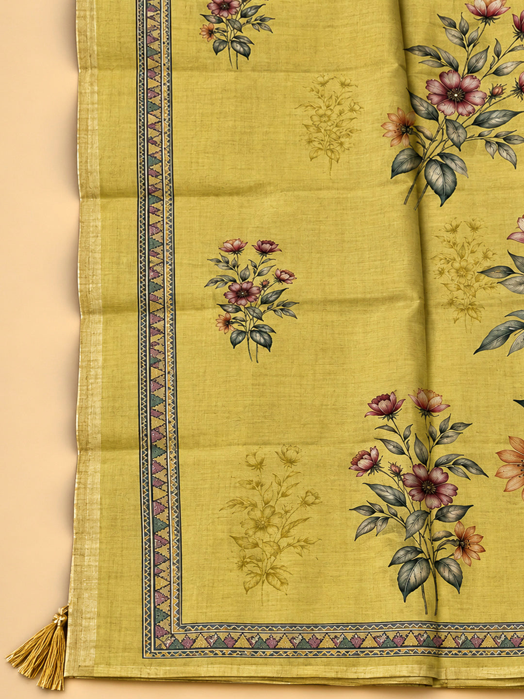 Mustard Chanderi Printed Unstitched Dress Material