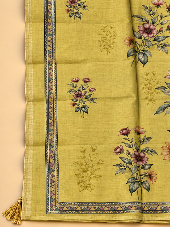 Mustard Chanderi Printed Unstitched Dress Material