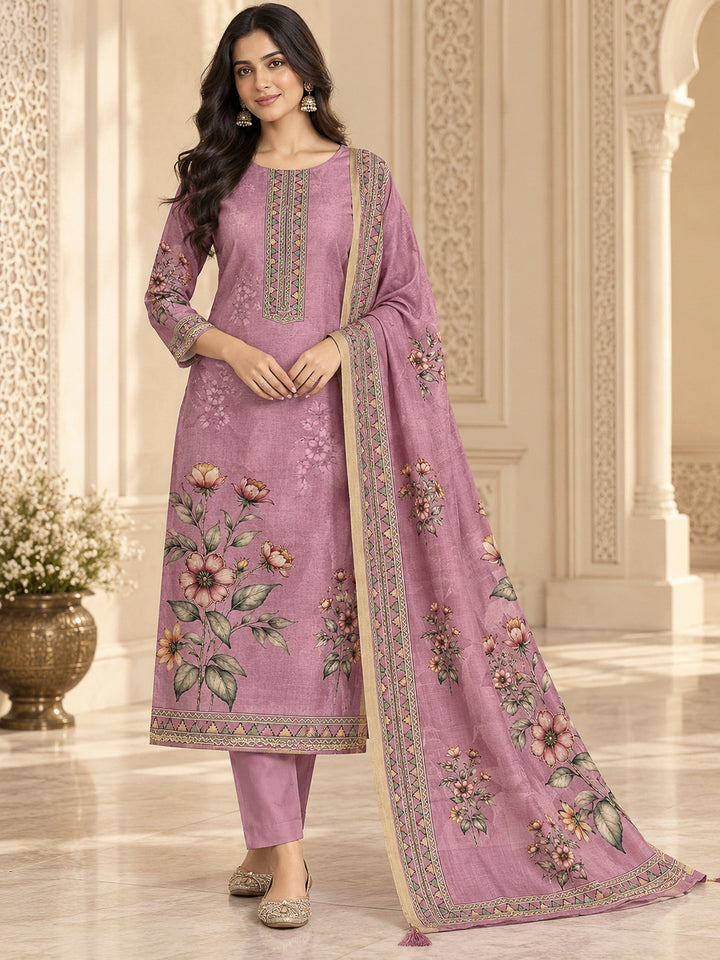 Onion Pink Chanderi Printed Unstitched Dress Material