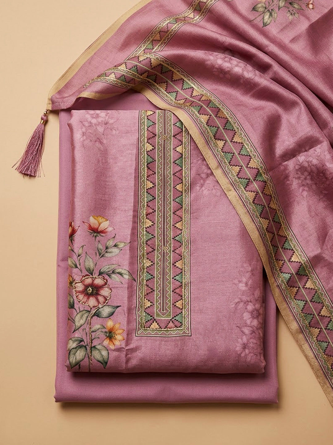 Onion Pink Chanderi Printed Unstitched Dress Material