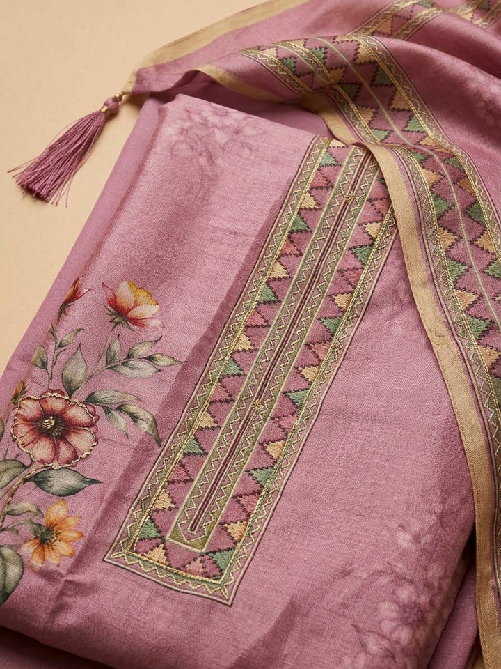 Onion Pink Chanderi Printed Unstitched Dress Material