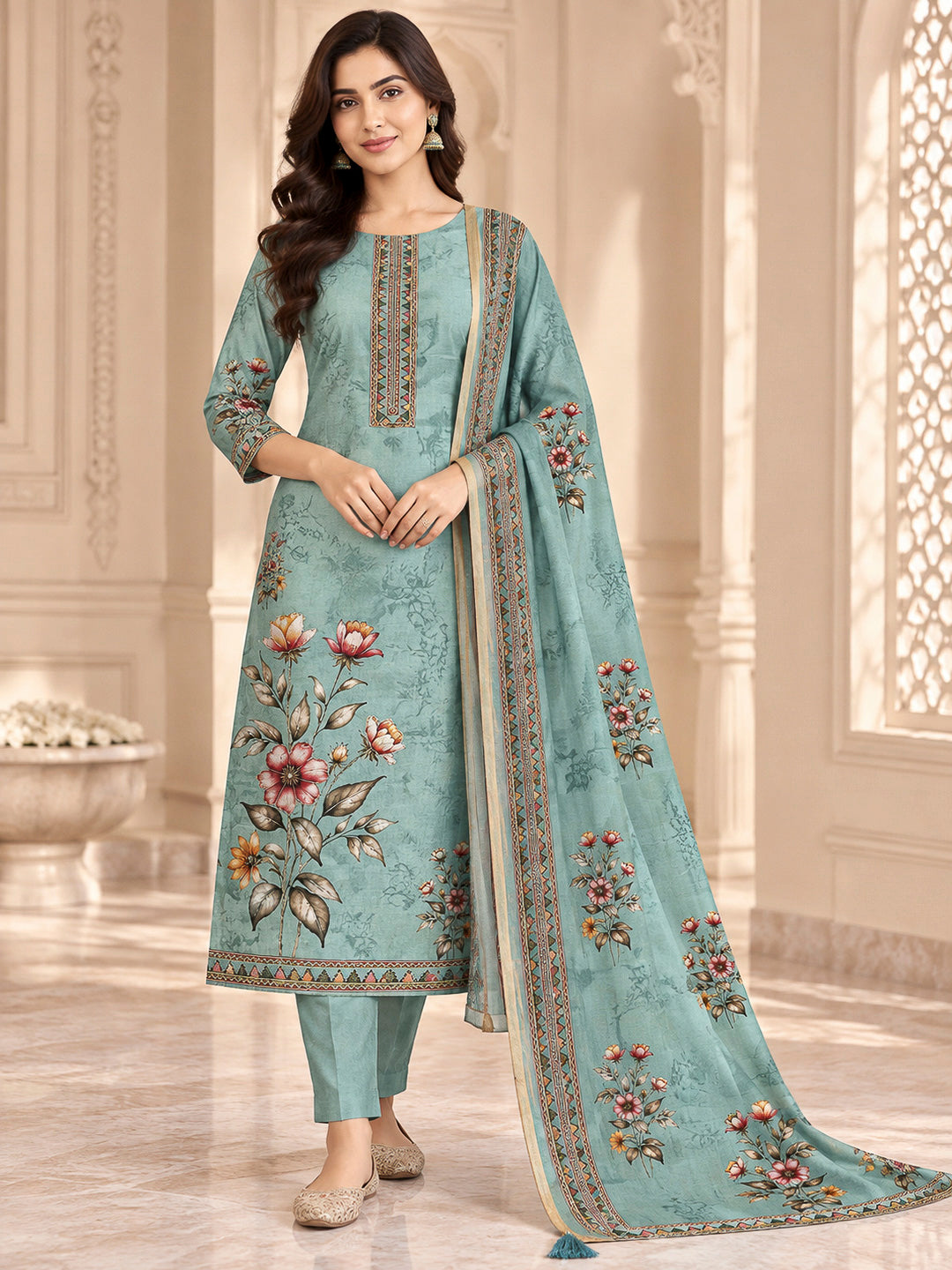 Sea Green Chanderi Printed Unstitched Dress Material