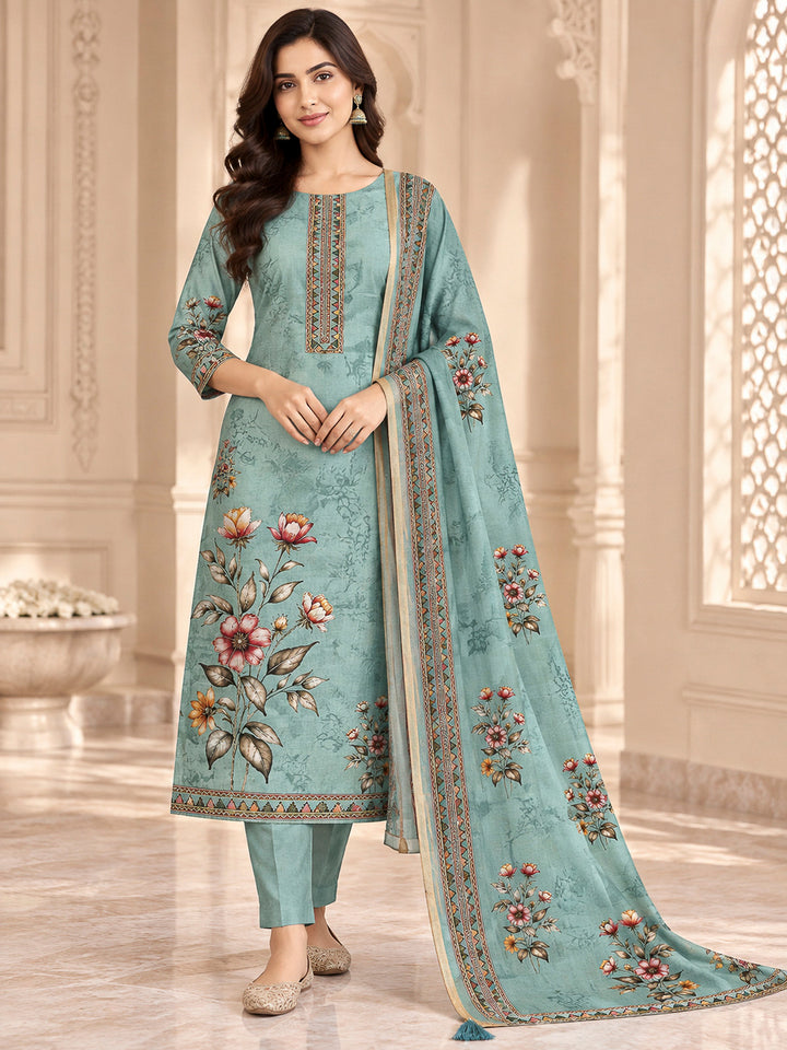 Sea Green Chanderi Printed Unstitched Dress Material