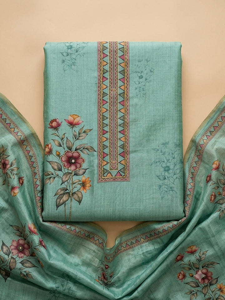 Sea Green Chanderi Printed Unstitched Dress Material