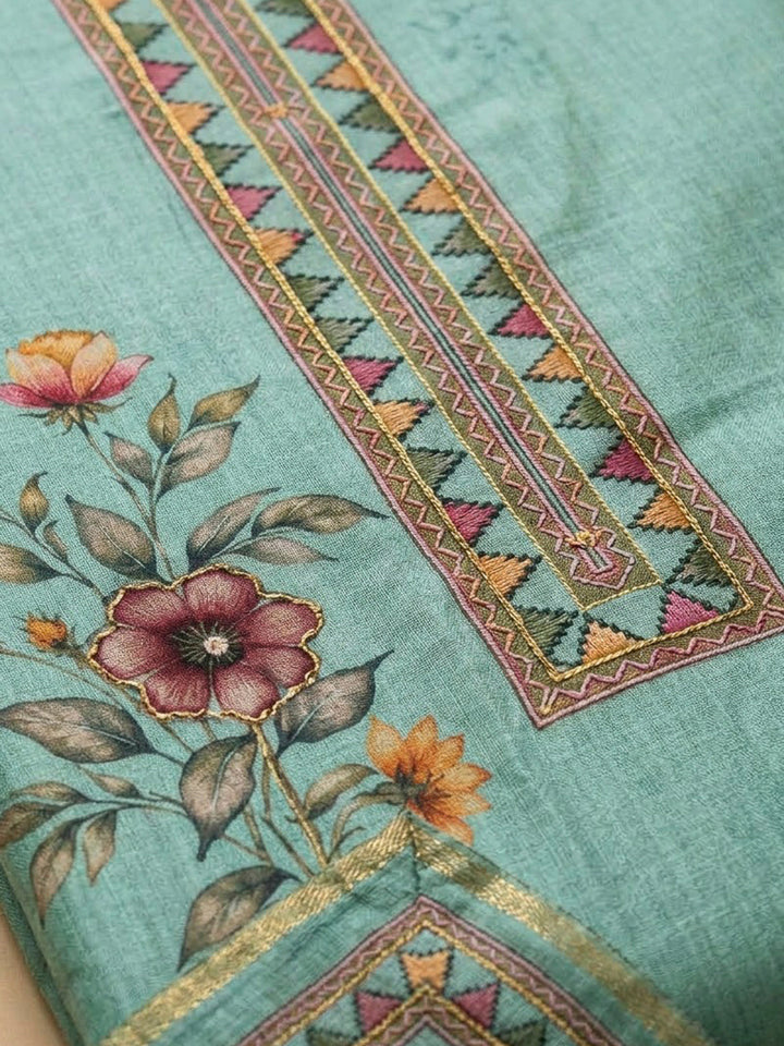 Sea Green Chanderi Printed Unstitched Dress Material
