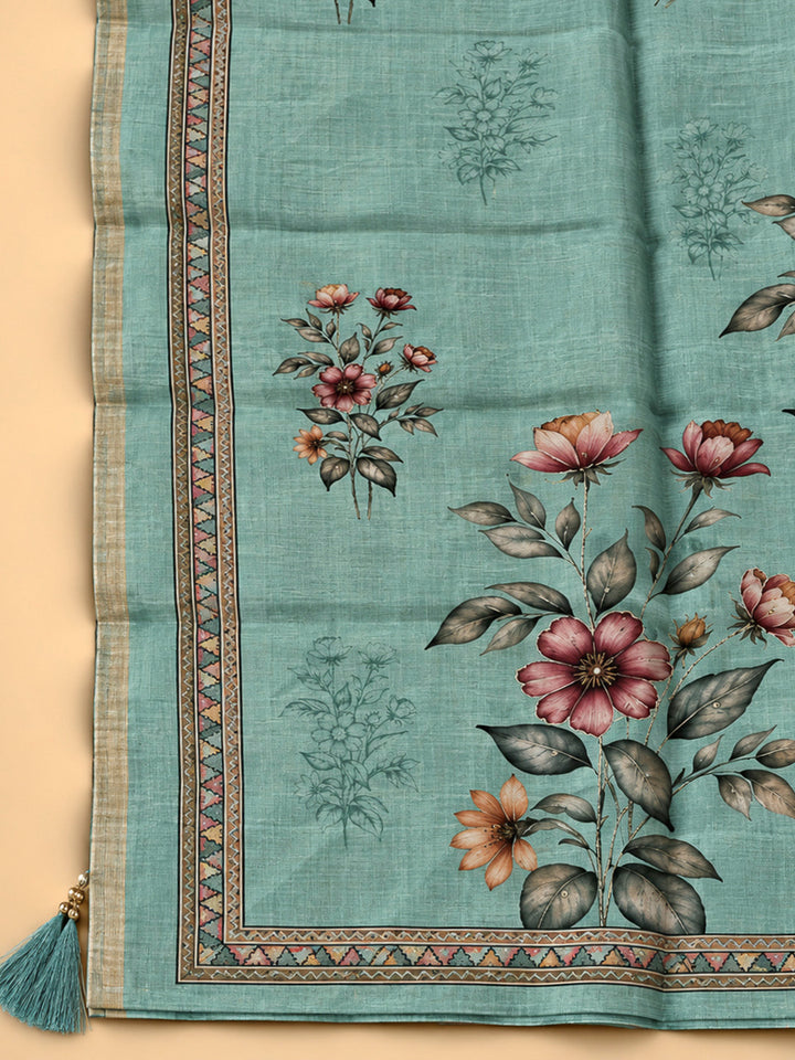 Sea Green Chanderi Printed Unstitched Dress Material
