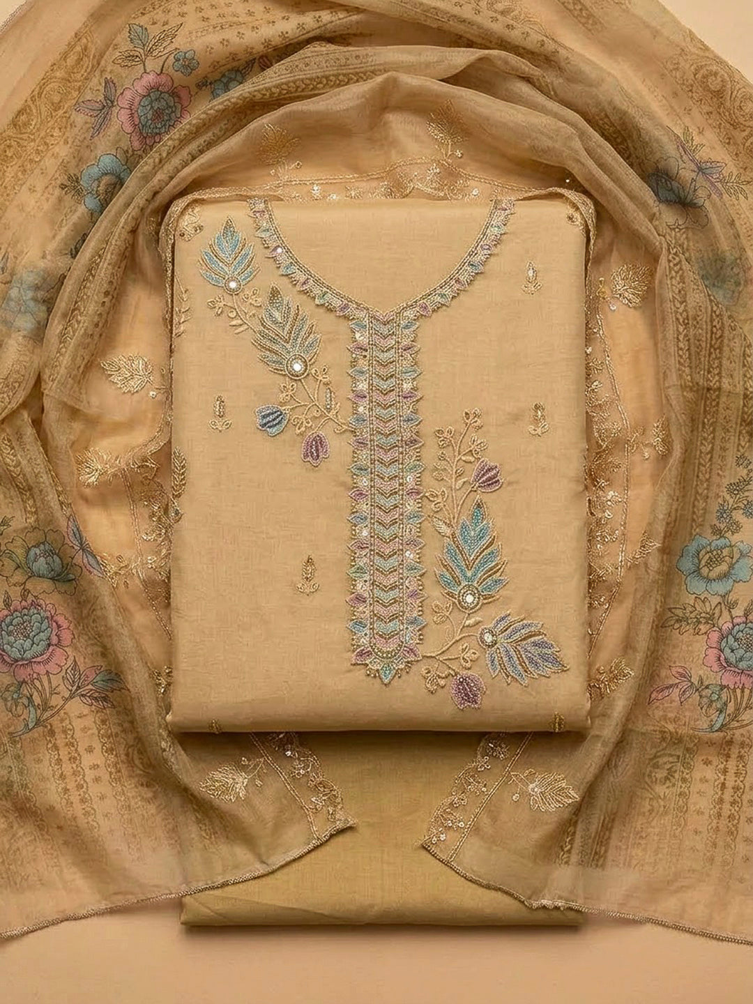 Beige Tissue Embroidered Unstitched Dress Material