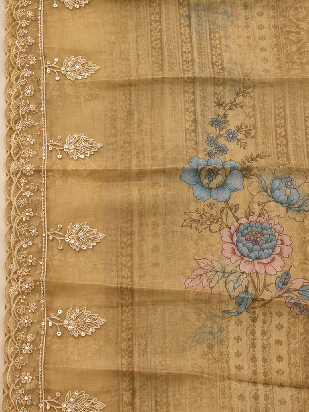 Beige Tissue Embroidered Unstitched Dress Material