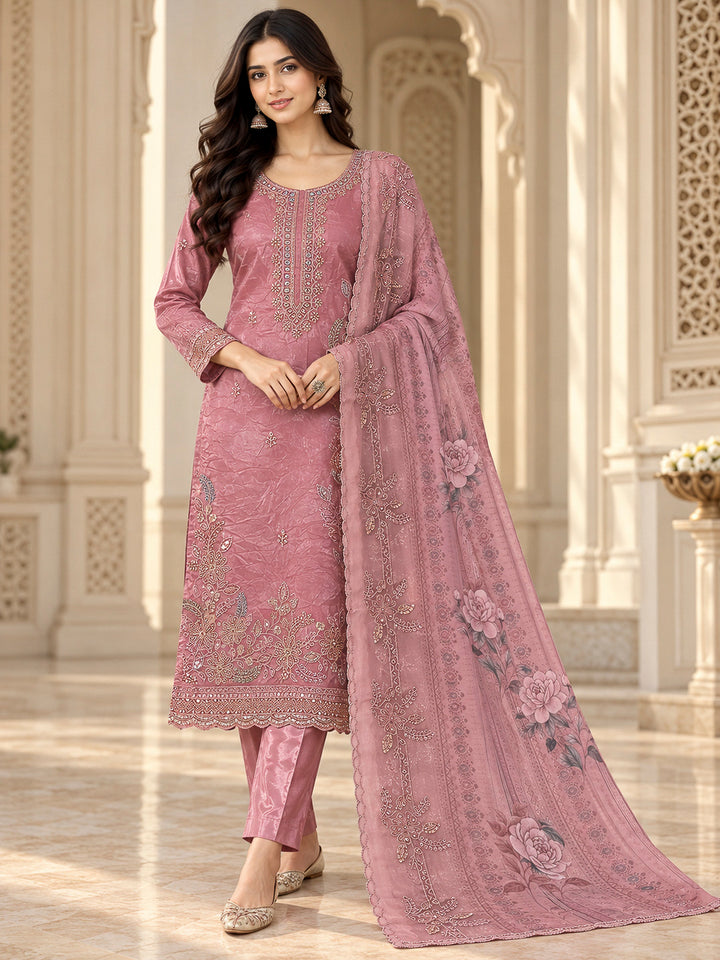 Onion Pink Tissue Embroidered Unstitched Dress Material