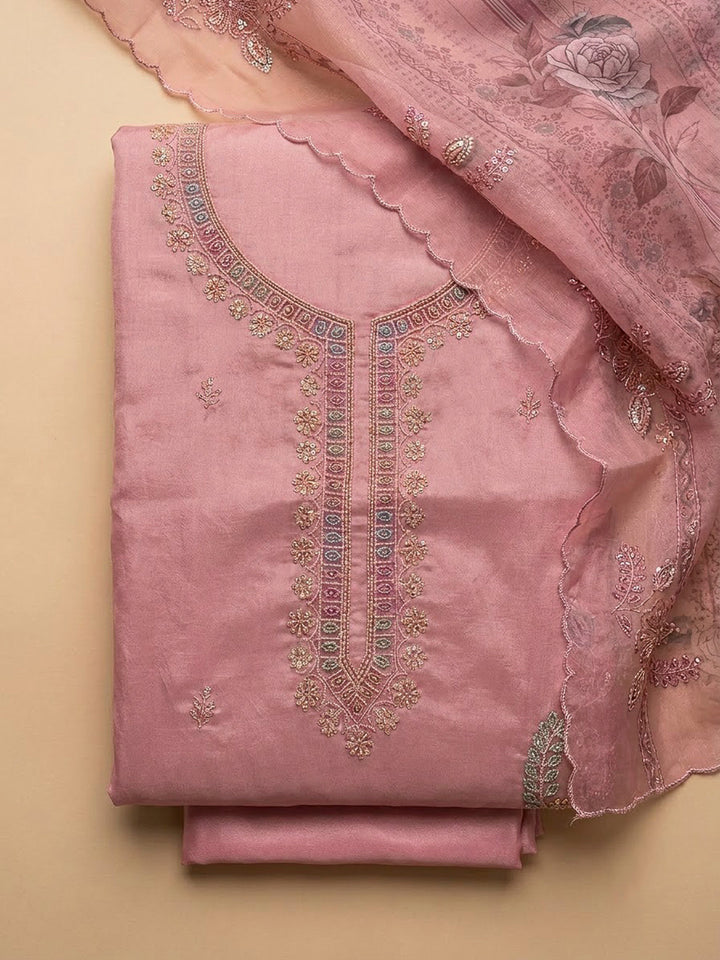 Onion Pink Tissue Embroidered Unstitched Dress Material