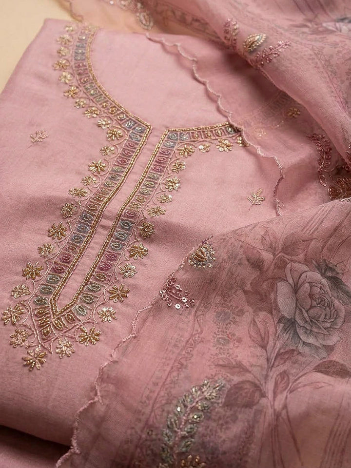 Onion Pink Tissue Embroidered Unstitched Dress Material