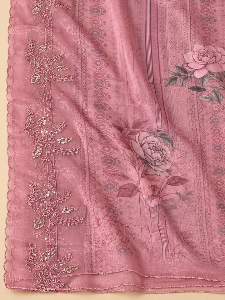 Onion Pink Tissue Embroidered Unstitched Dress Material