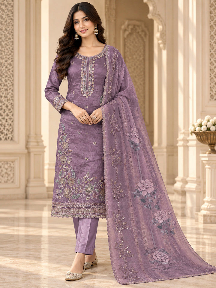 Purple Tissue Embroidered Unstitched Dress Material