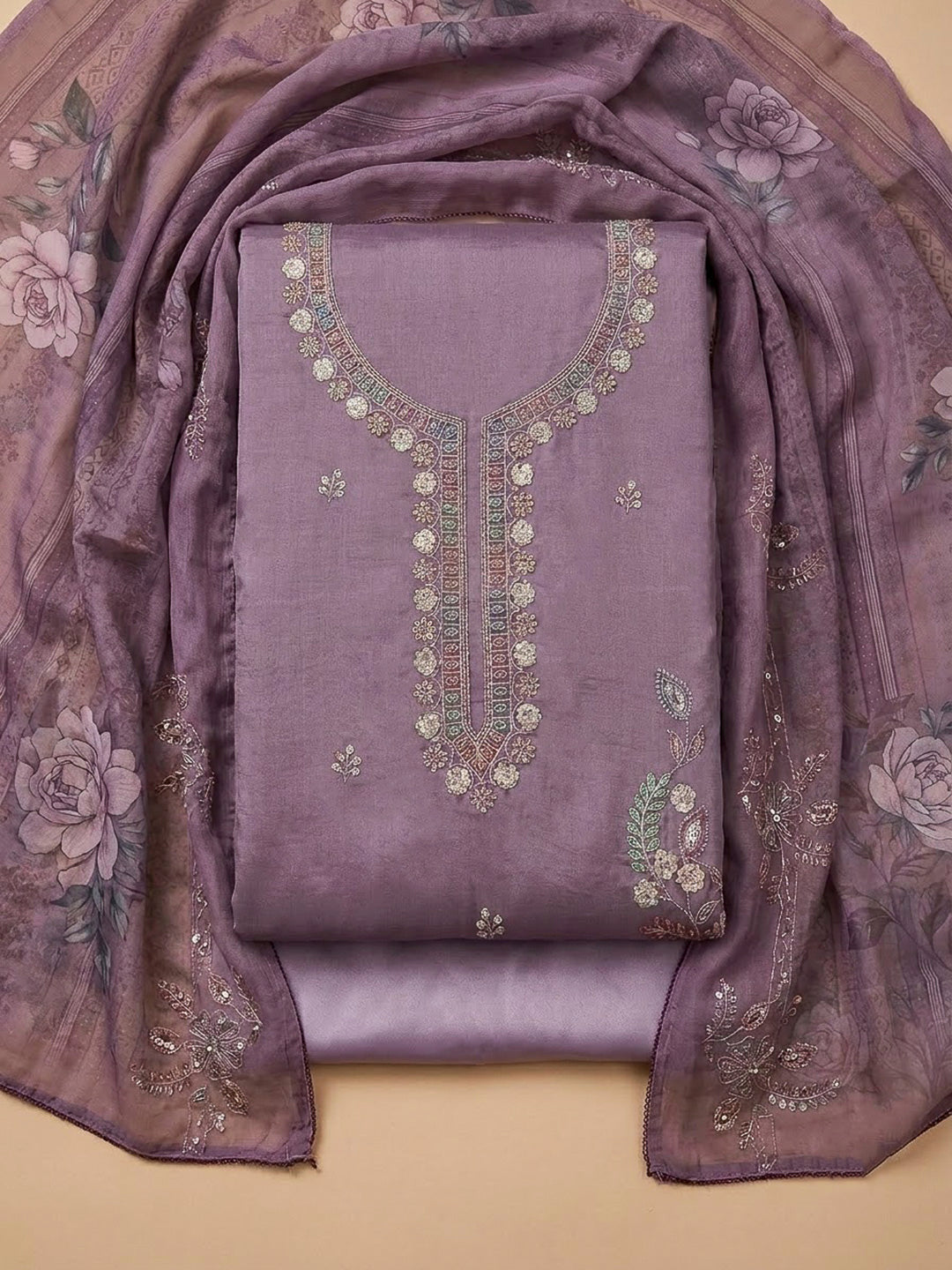 Purple Tissue Embroidered Unstitched Dress Material