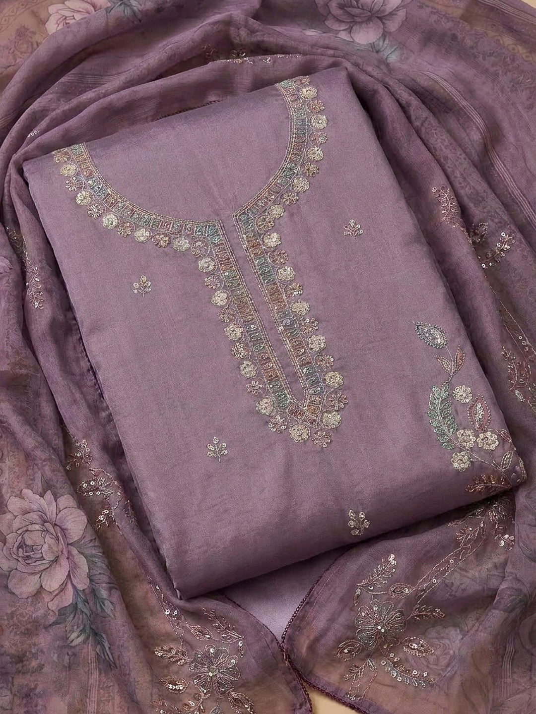Purple Tissue Embroidered Unstitched Dress Material