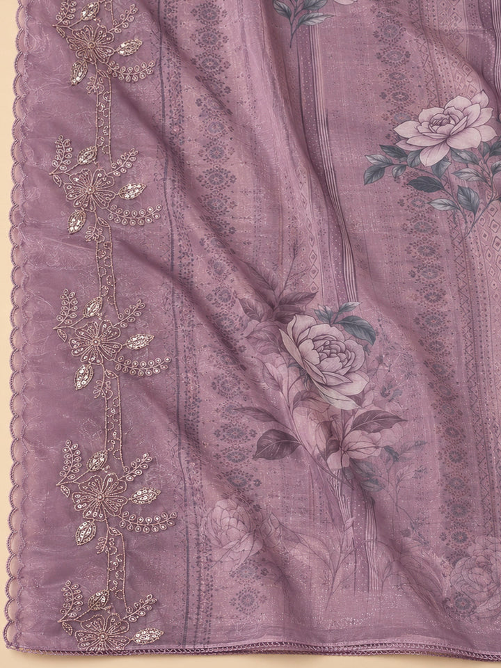Purple Tissue Embroidered Unstitched Dress Material
