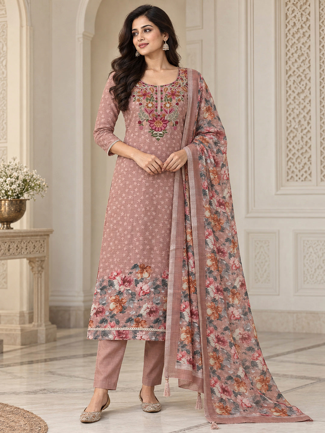 Dusty Pink Chanderi Embroidered Unstitched Dress Material