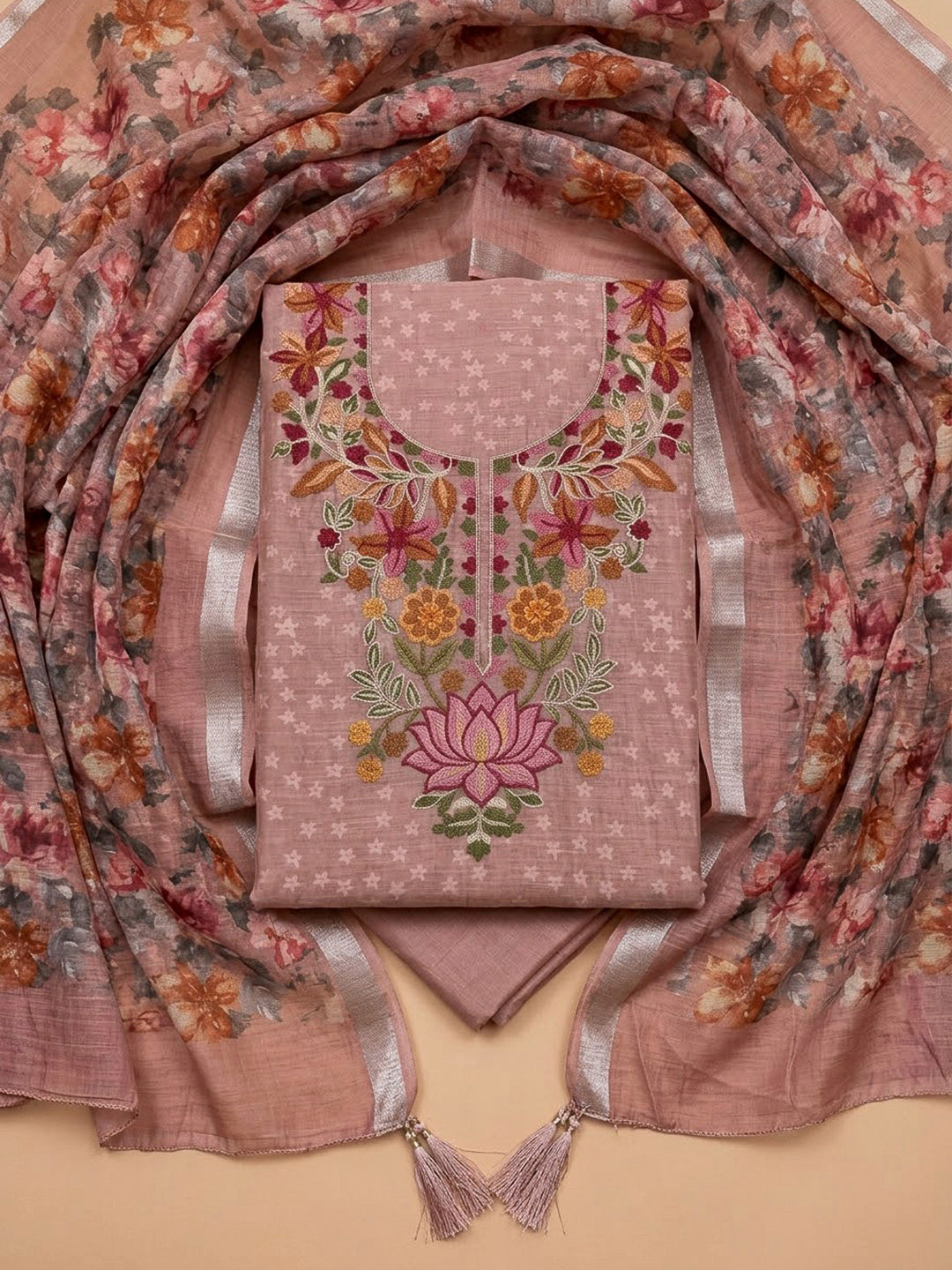 Dusty Pink Chanderi Embroidered Unstitched Dress Material