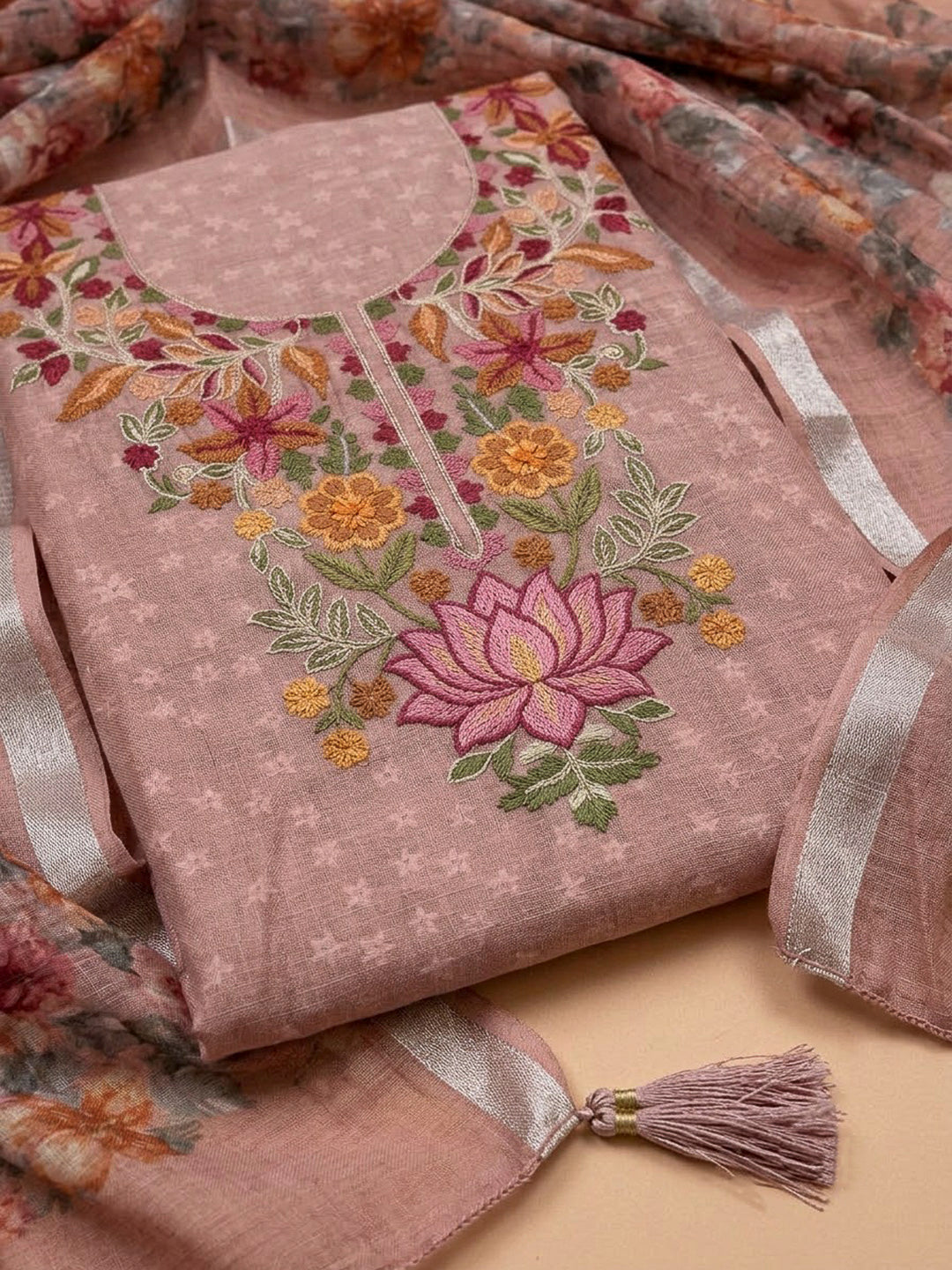 Dusty Pink Chanderi Embroidered Unstitched Dress Material