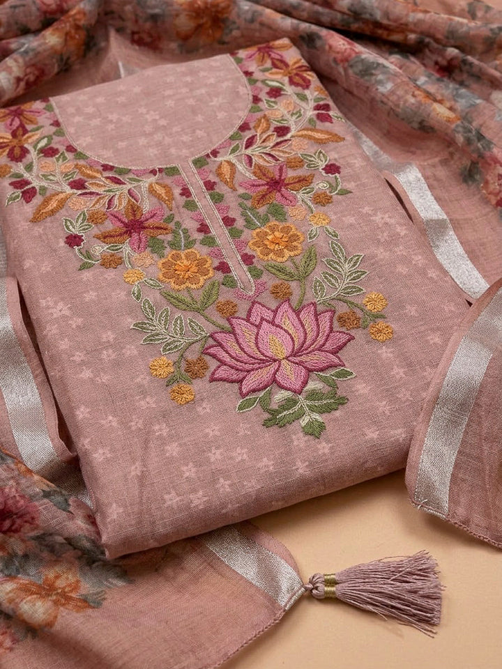 Dusty Pink Chanderi Embroidered Unstitched Dress Material