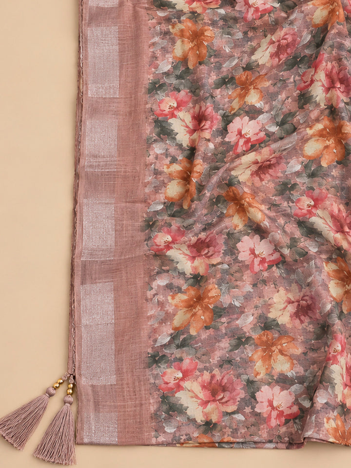 Dusty Pink Chanderi Embroidered Unstitched Dress Material