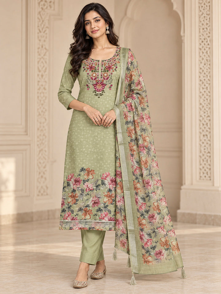 Pista Green Chanderi Embroidered Unstitched Dress Material