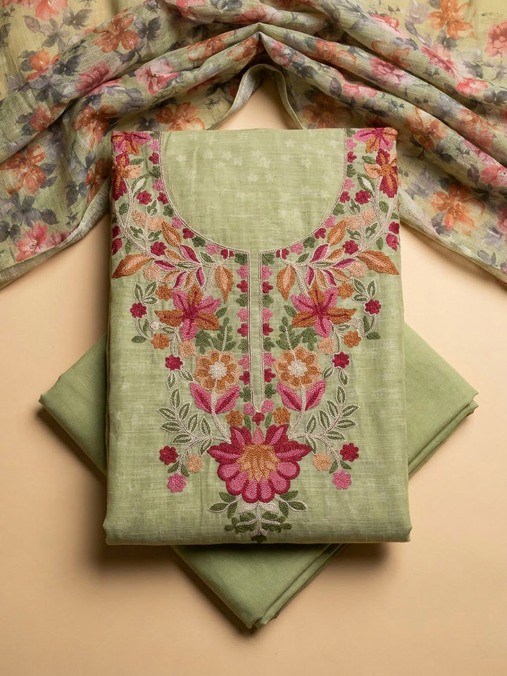 Pista Green Chanderi Embroidered Unstitched Dress Material