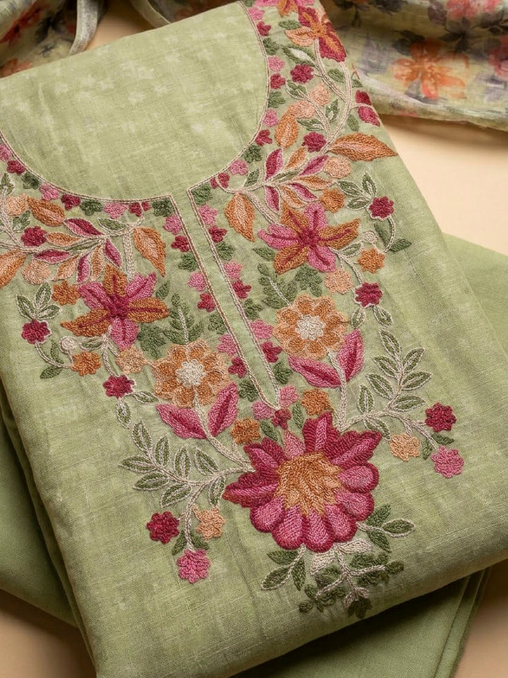 Pista Green Chanderi Embroidered Unstitched Dress Material