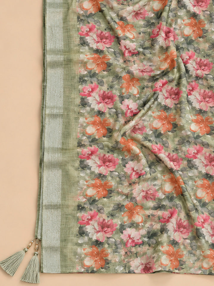 Pista Green Chanderi Embroidered Unstitched Dress Material