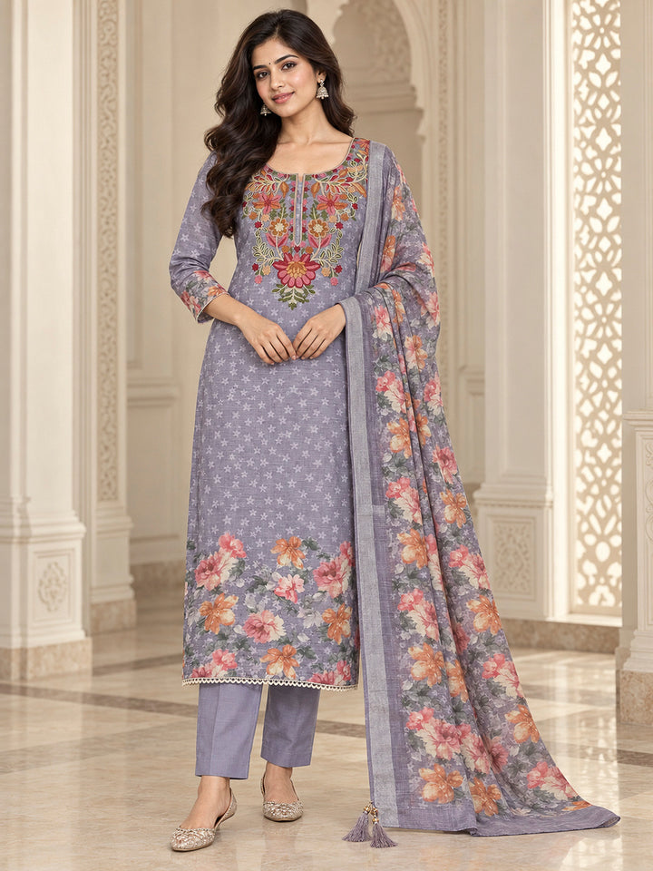 Purple Chanderi Embroidered Unstitched Dress Material