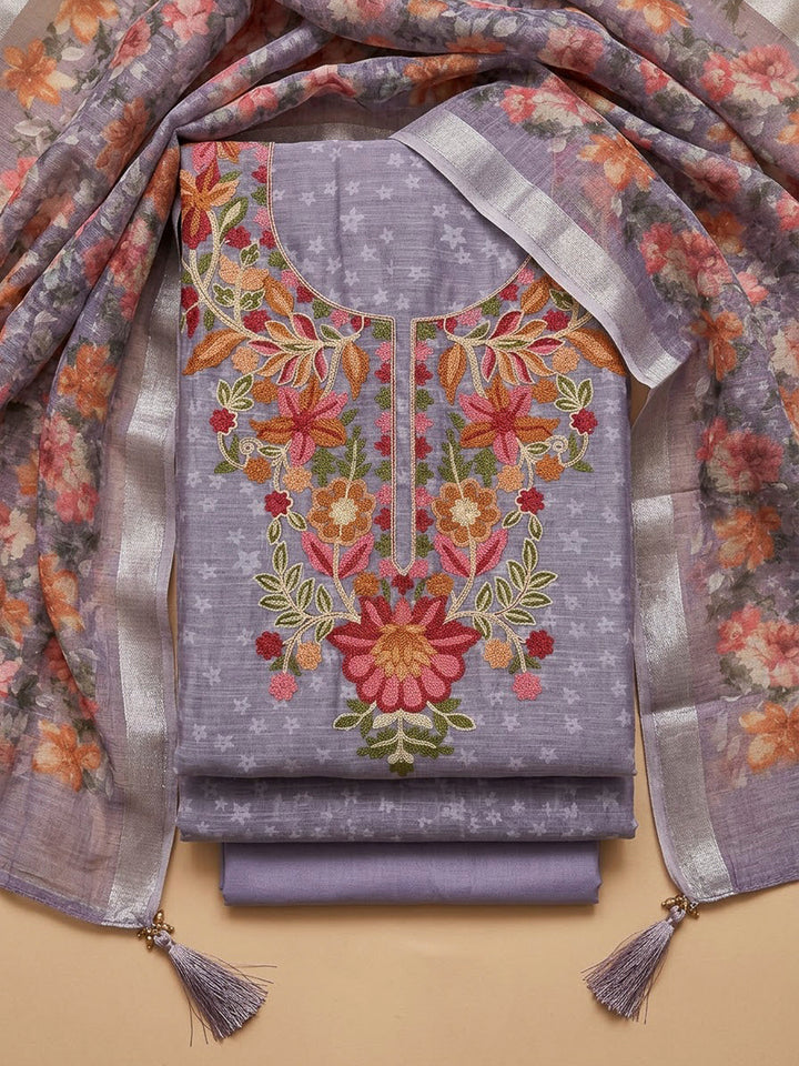 Purple Chanderi Embroidered Unstitched Dress Material