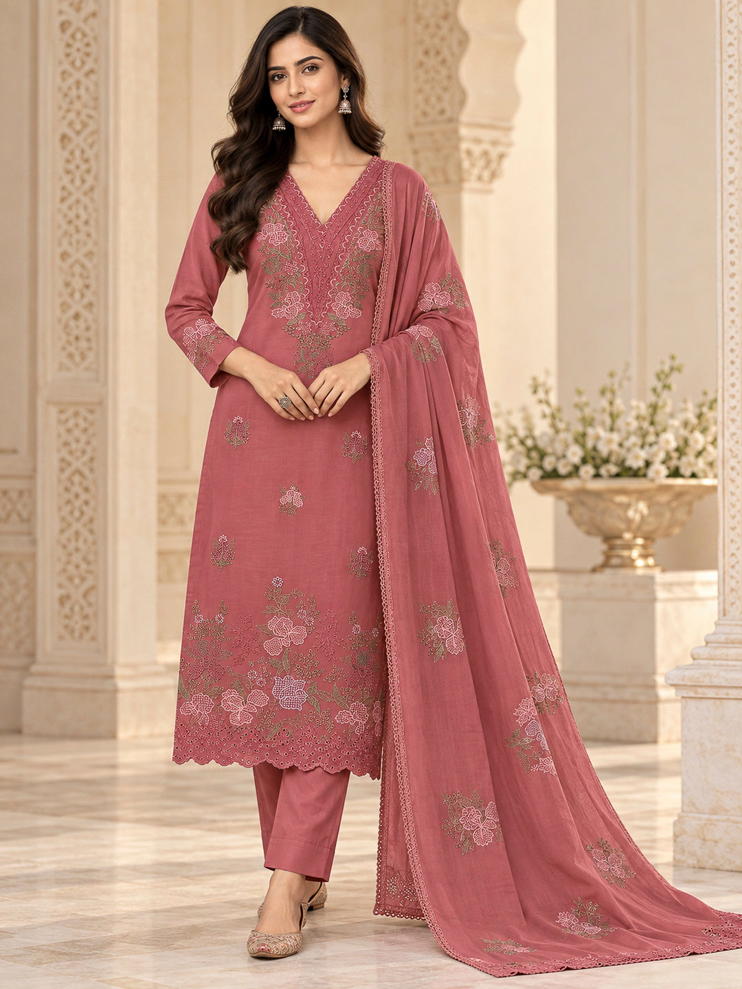 Dusty Pink Chanderi Embroidered Unstitched Dress Material
