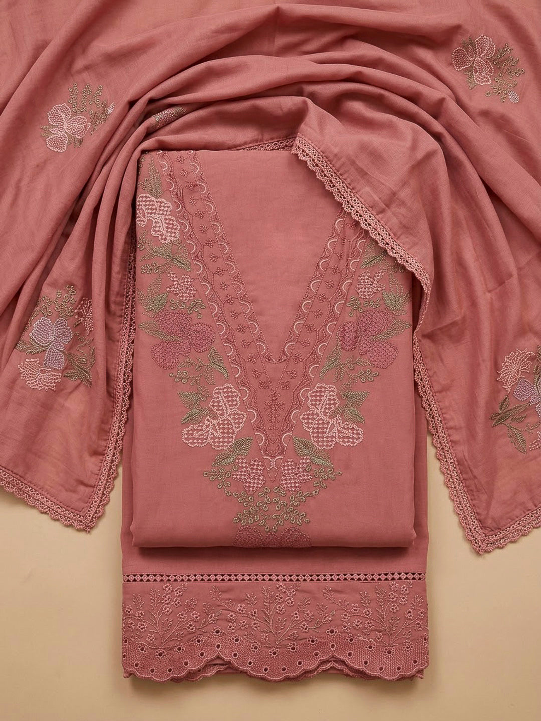 Dusty Pink Chanderi Embroidered Unstitched Dress Material