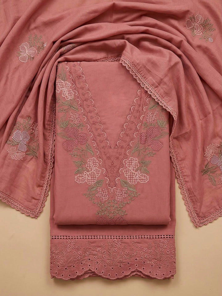 Dusty Pink Chanderi Embroidered Unstitched Dress Material