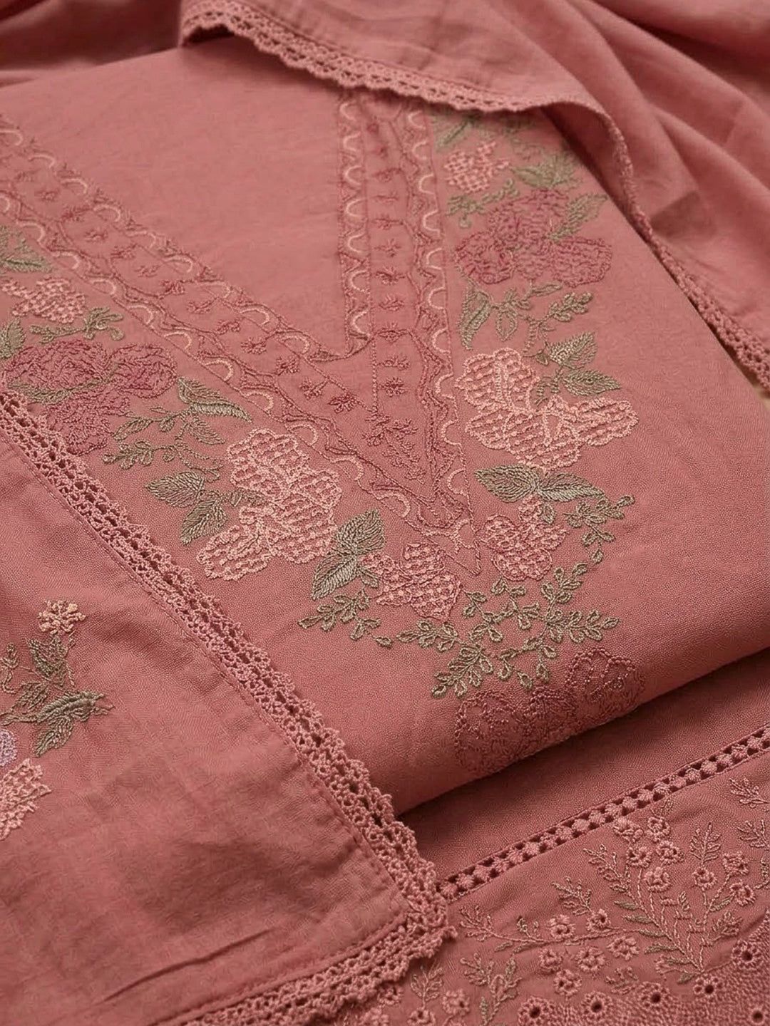 Dusty Pink Chanderi Embroidered Unstitched Dress Material