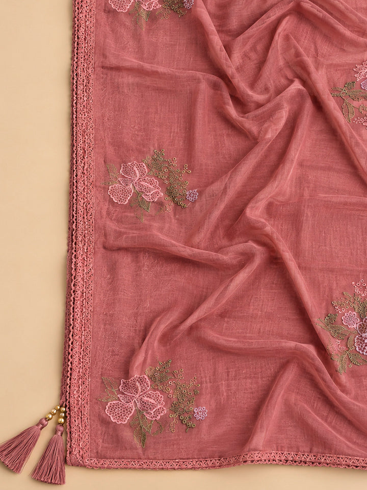 Dusty Pink Chanderi Embroidered Unstitched Dress Material