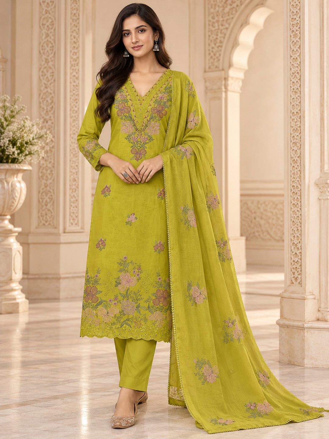 Lemon Chanderi Embroidered Unstitched Dress Material