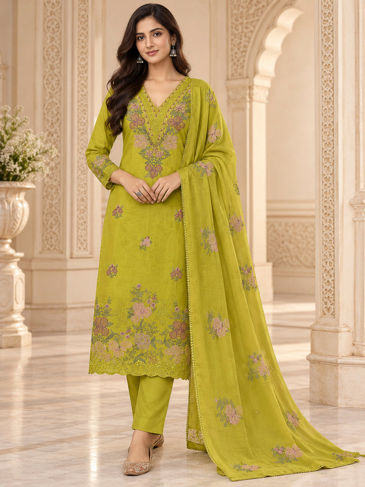 Lemon Chanderi Embroidered Unstitched Dress Material
