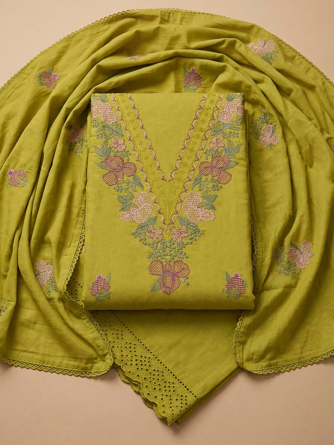 Lemon Chanderi Embroidered Unstitched Dress Material