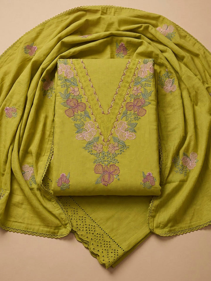 Lemon Chanderi Embroidered Unstitched Dress Material