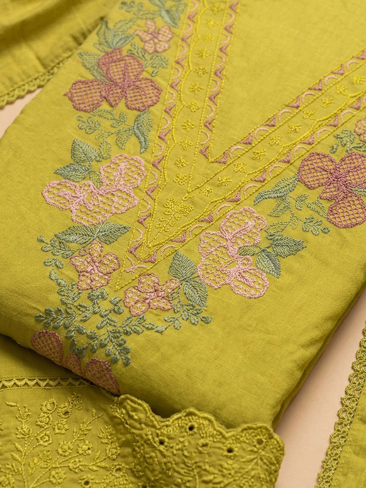 Lemon Chanderi Embroidered Unstitched Dress Material