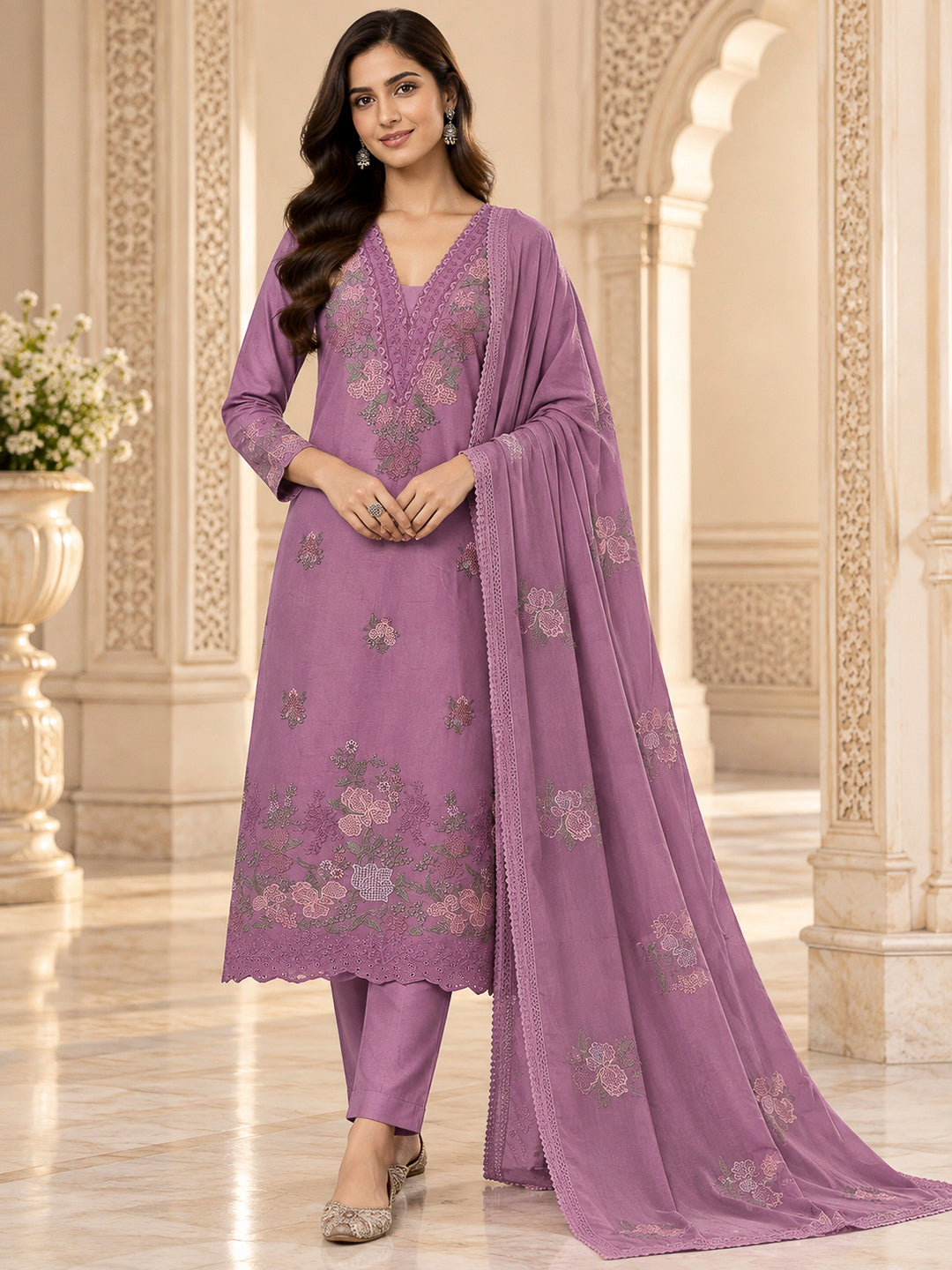 Purple Chanderi Embroidered Unstitched Dress Material