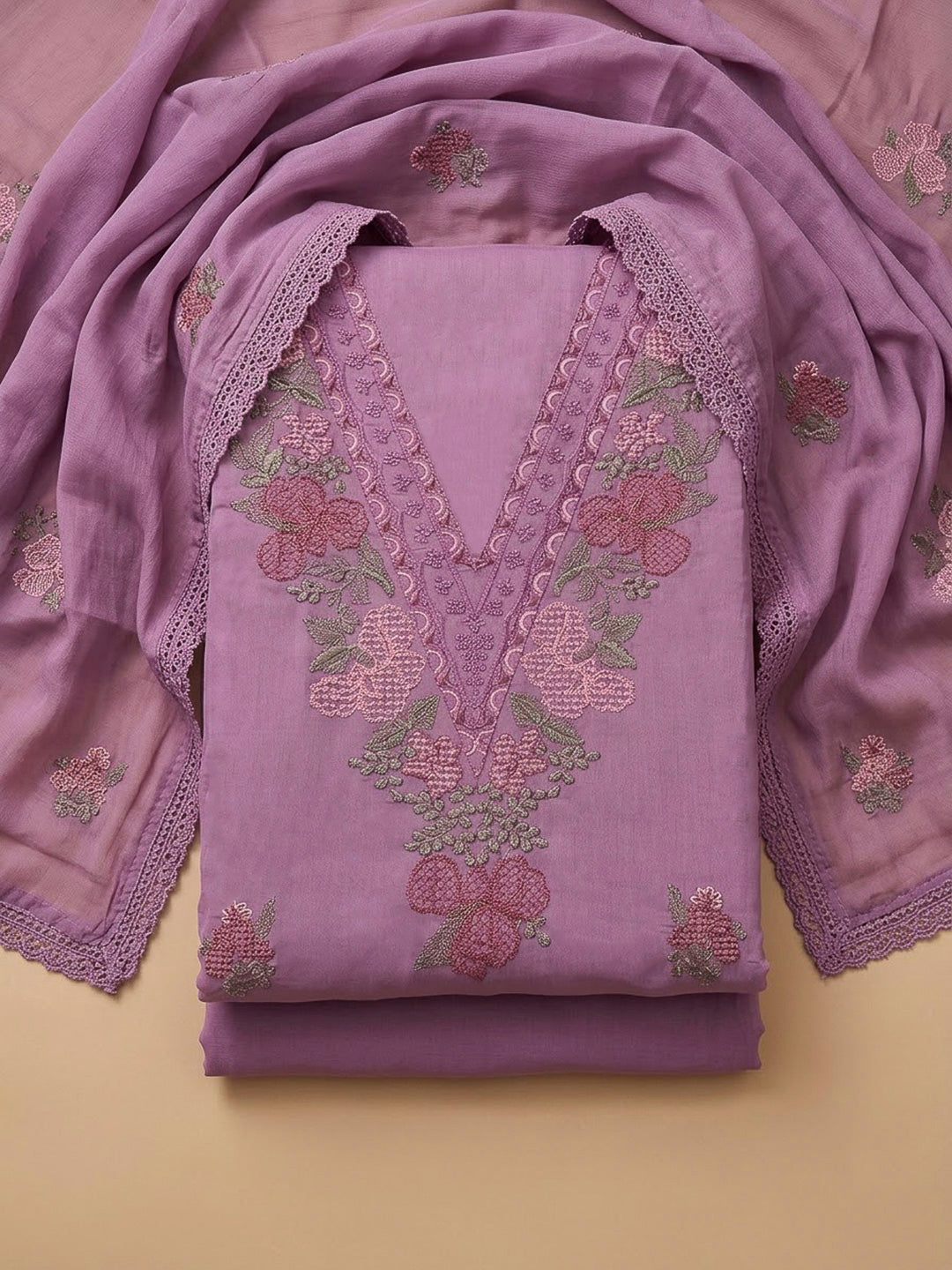 Purple Chanderi Embroidered Unstitched Dress Material