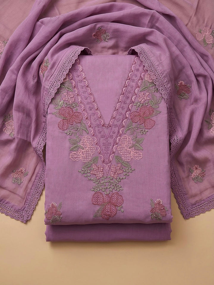 Purple Chanderi Embroidered Unstitched Dress Material