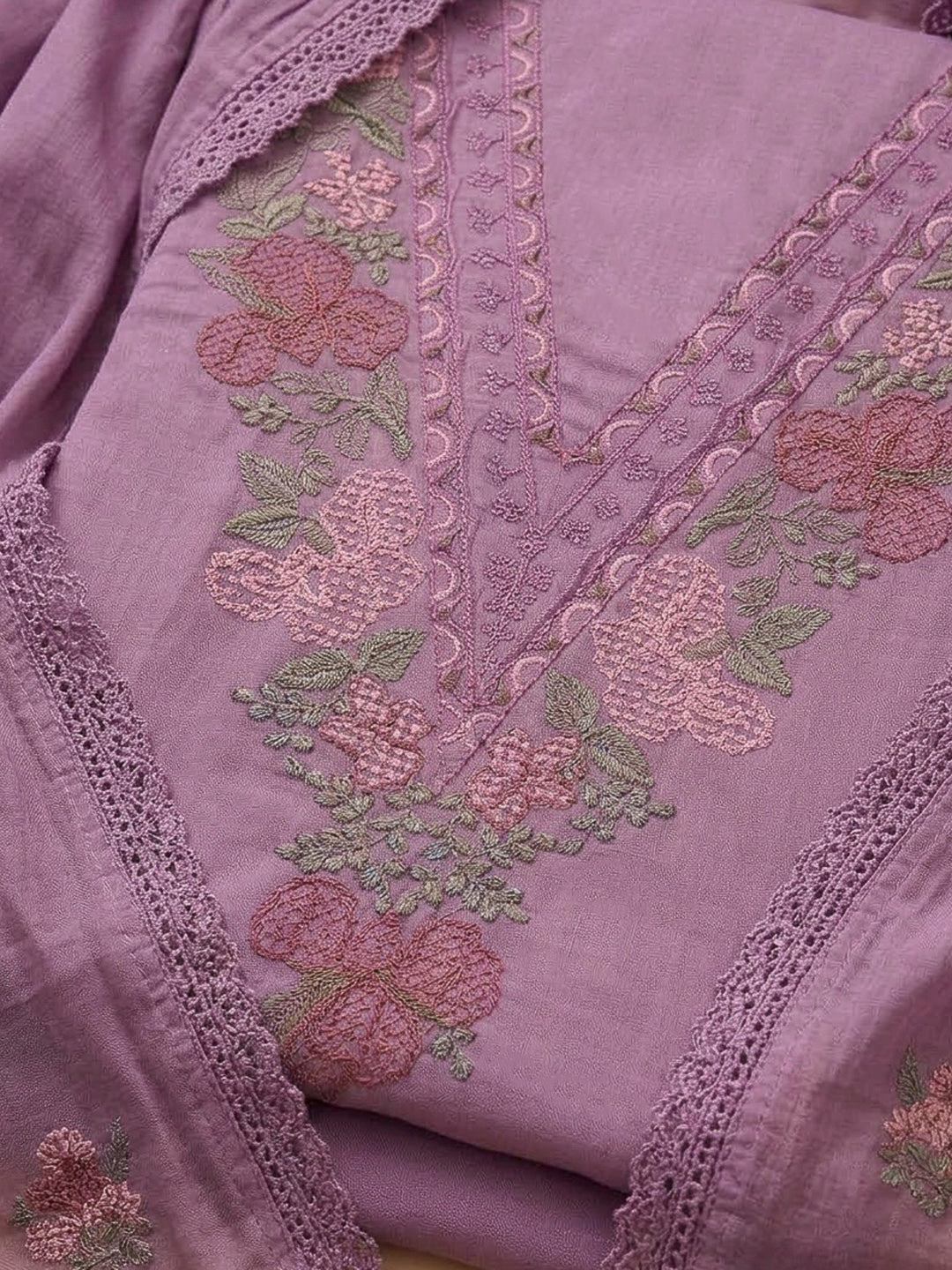 Purple Chanderi Embroidered Unstitched Dress Material
