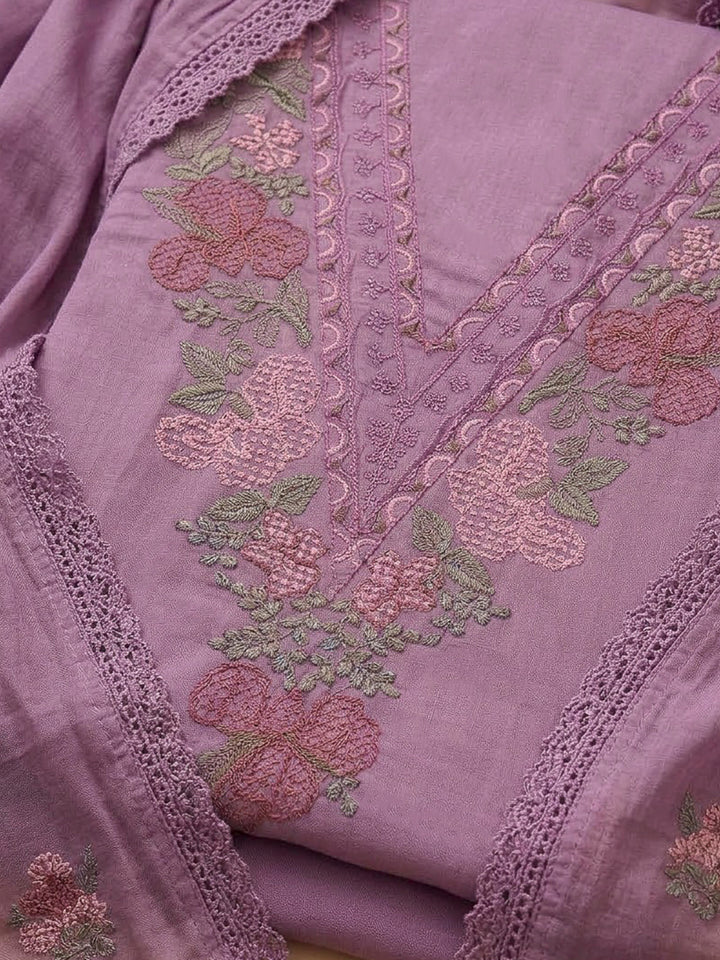 Purple Chanderi Embroidered Unstitched Dress Material