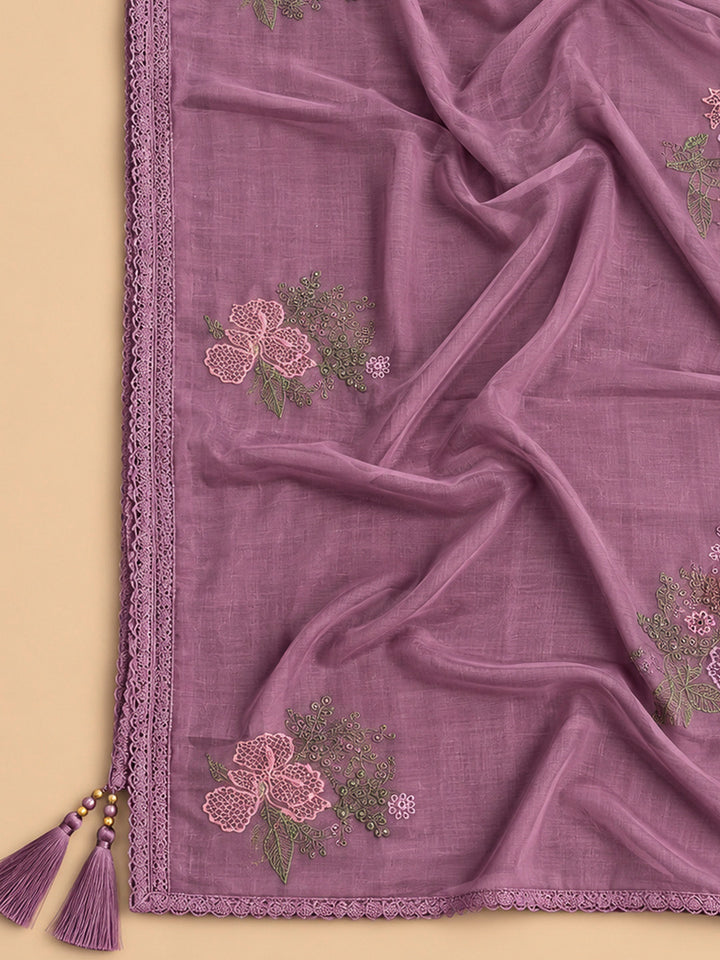 Purple Chanderi Embroidered Unstitched Dress Material