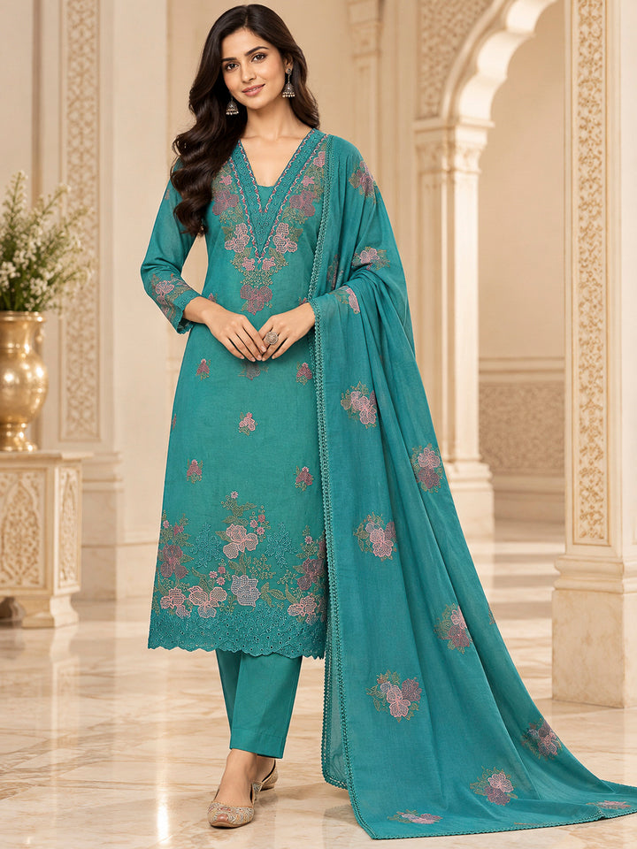 Rama Green Chanderi Embroidered Unstitched Dress Material